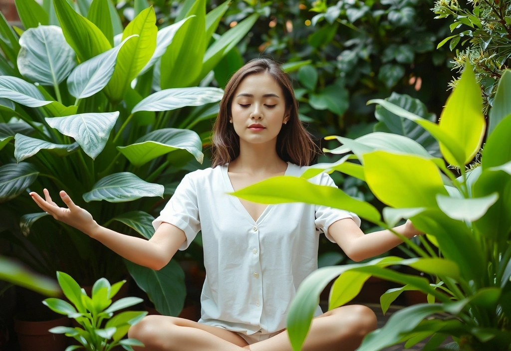 Kobieta medytująca w otoczeniu zielonych roślin, symbolizująca spokój i równowagę
