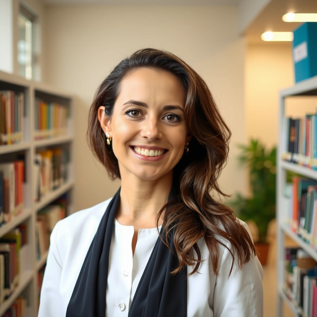 Portret Dr. Anny Kowalskiej, dietetyczki klinicznej, uśmiechniętej i profesjonalnej, w tle rozmyte laboratorium lub biblioteka.