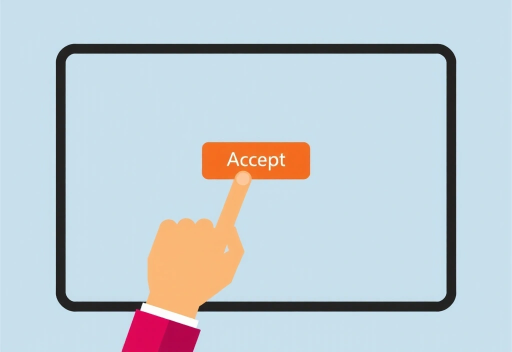 Ilustracja dłoni naciskającej przycisk 'Akceptuj' na ekranie, symbolizująca wyrażenie zgody.