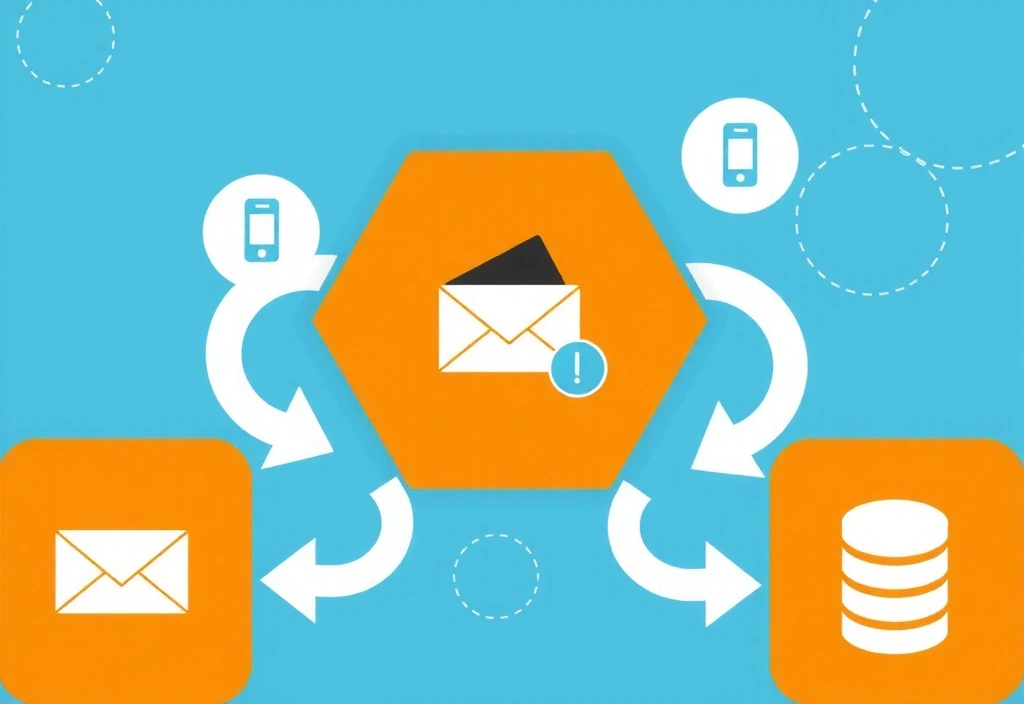 Ilustracja przedstawiająca proces przetwarzania danych, z ikonami e-maila, telefonu i bazy danych połączonymi strzałkami.