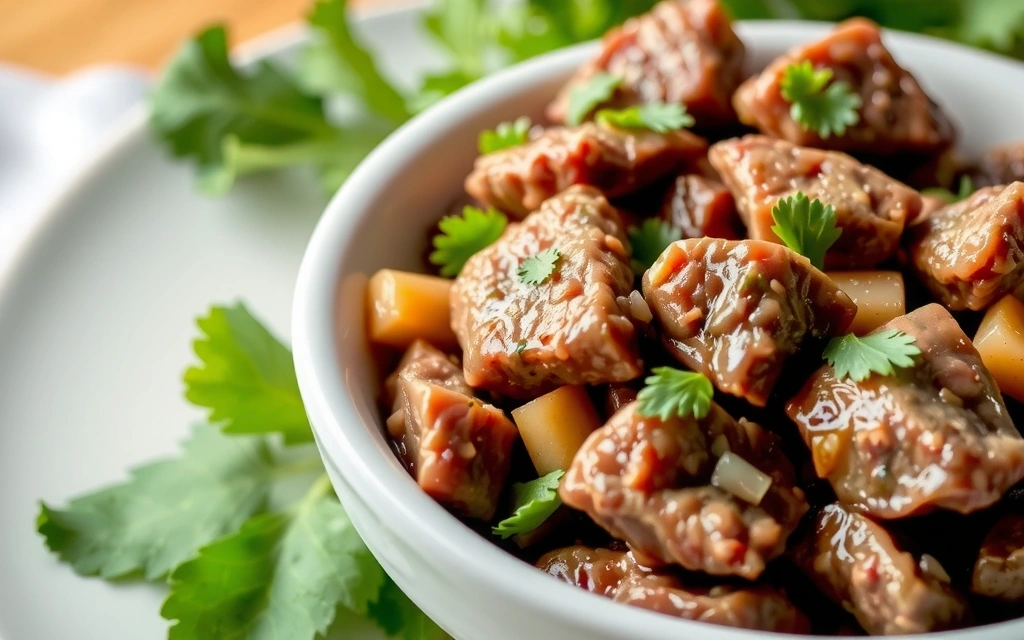 Miska pełna świeżej, gotowanej wątróbki wołowej z cebulą i natką pietruszki, obok świeże warzywa liściaste.