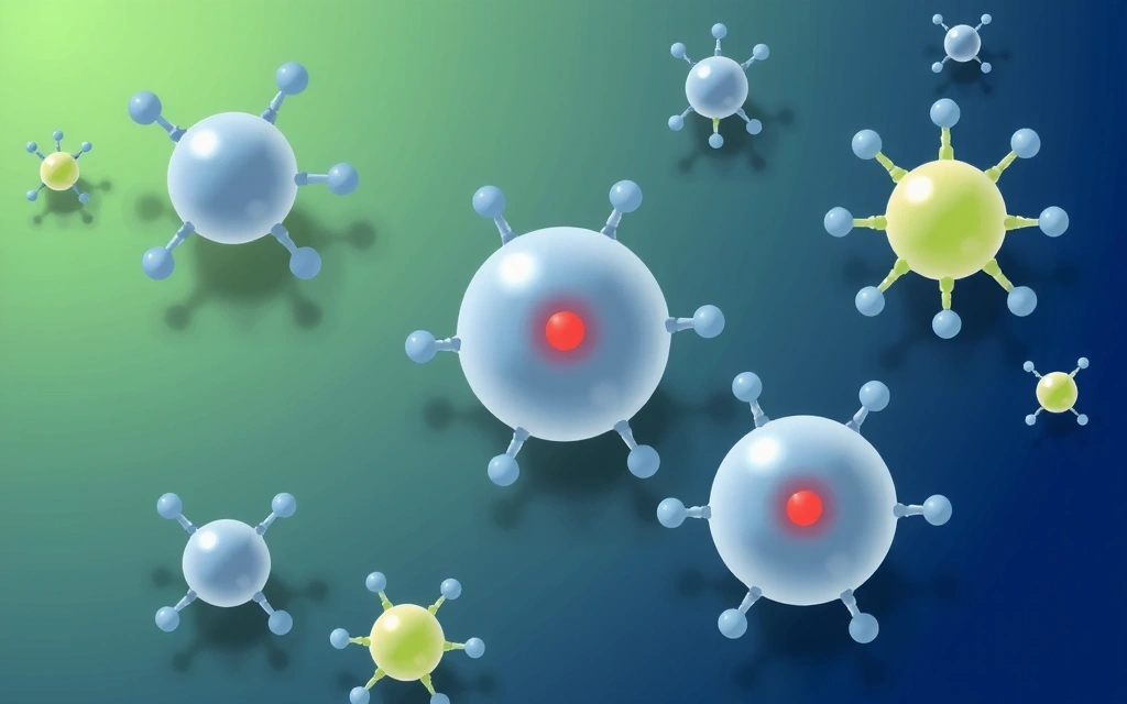 Schemat przedstawiający komórki układu odpornościowego, takie jak limfocyty T i B, otoczone witaminą A, symbolizującą jej rolę we wspieraniu odporności. Abstrakcyjne, naukowe, ale zrozumiałe.