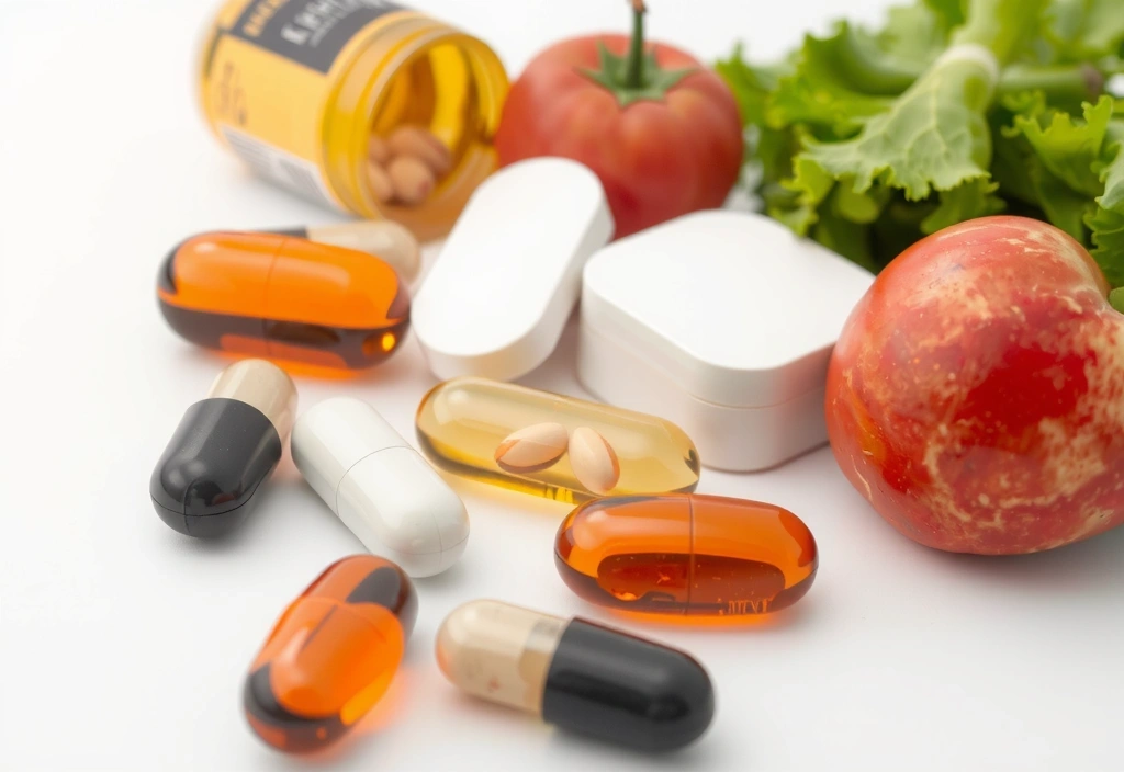 Różnorodne suplementy diety w kapsułkach i tabletkach, ułożone na tle świeżych owoców i warzyw, symbolizujące wsparcie diety.